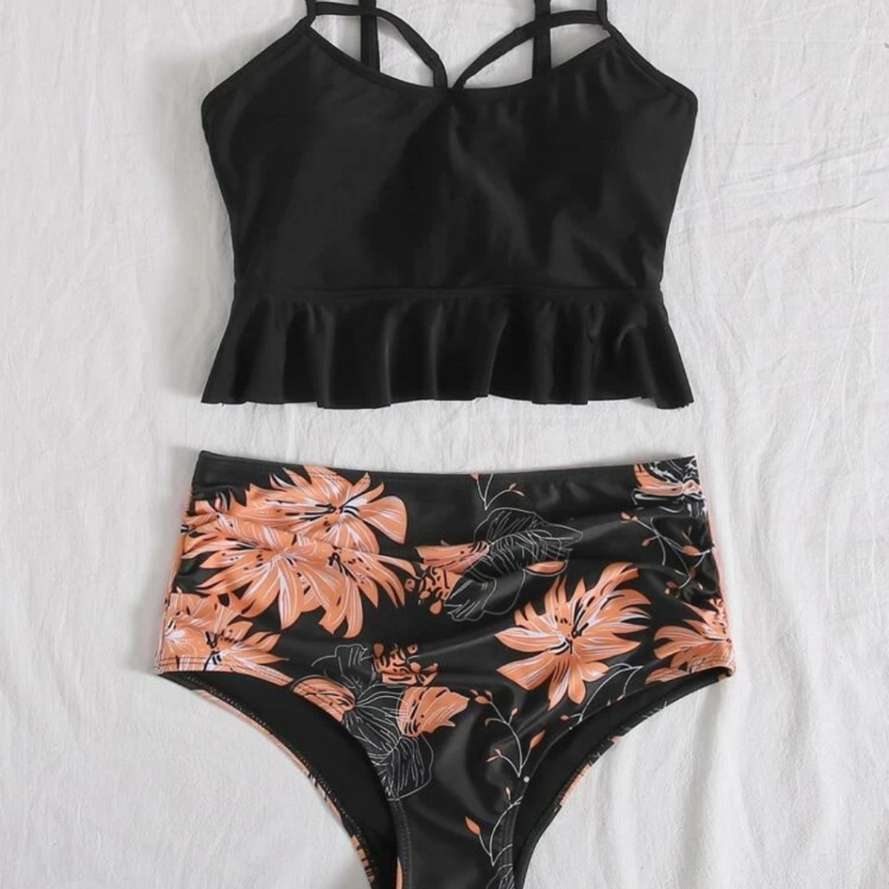 Lace-up Floral High Waisted Bikini Swimsuit